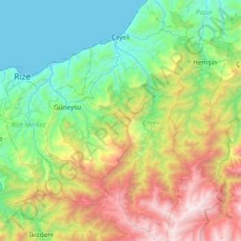 Çayeli topographic map, elevation, terrain
