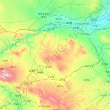 沙坡头区 topographic map, elevation, terrain