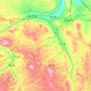 中卫市 topographic map, elevation, terrain