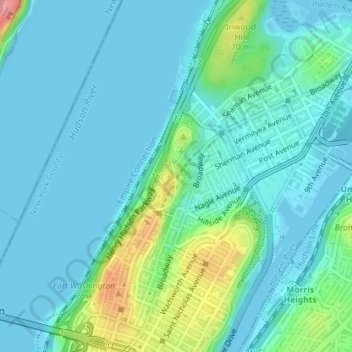 Fort Tryon Park topographic map, elevation, terrain