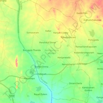 Nereducherla mandal topographic map, elevation, terrain