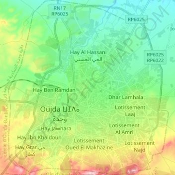 Oujda ⵡⴻⵊⴷⴰ وجدة‎ topographic map, elevation, terrain