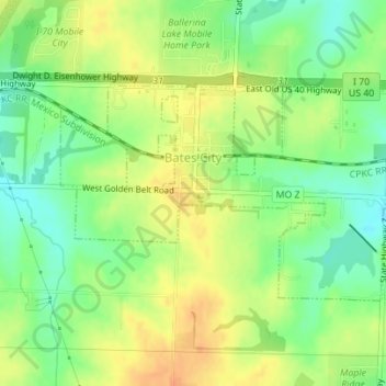 Bates City topographic map, elevation, terrain