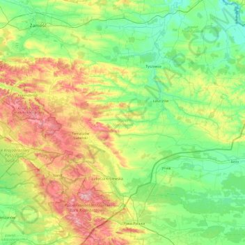 Tomaszów Lubelski County topographic map, elevation, terrain