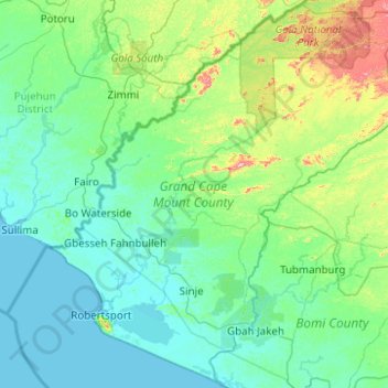 Grand Cape Mount County topographic map, elevation, terrain