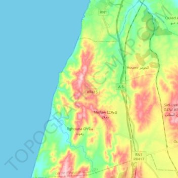 Sahel Chamali الساحل الشمالي topographic map, elevation, terrain