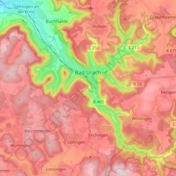 Bad Urach topographic map, elevation, terrain