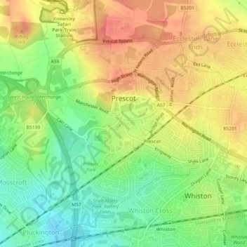 Huyton topographic map, elevation, terrain