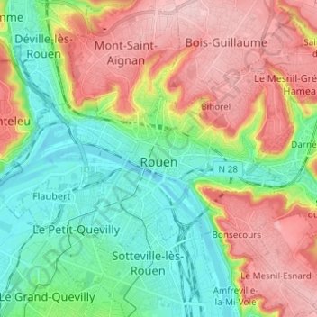 Rouen topographic map, elevation, terrain