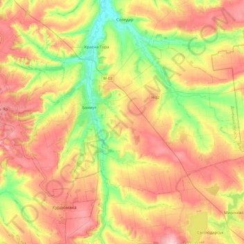 Bakhmut urban hromada topographic map, elevation, terrain