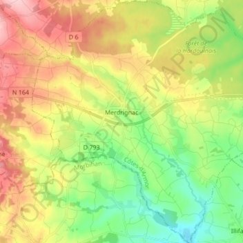 Merdrignac topographic map, elevation, terrain