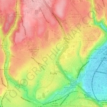 Écully topographic map, elevation, terrain