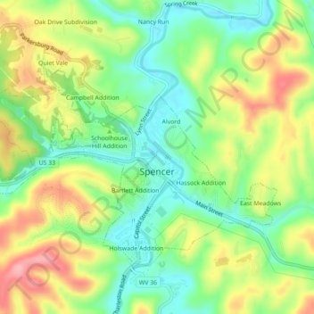 Spencer topographic map, elevation, terrain