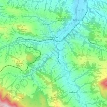 Grybów topographic map, elevation, terrain
