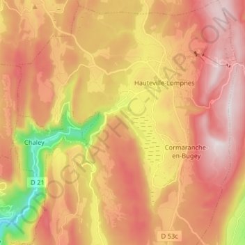 Hauteville-Lompnes topographic map, elevation, terrain