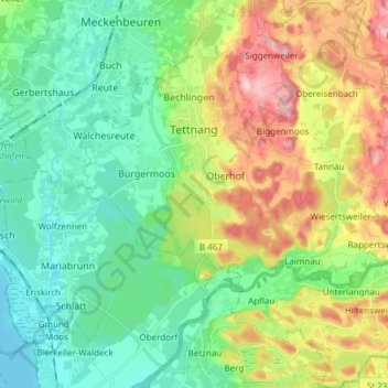 Tettnang topographic map, elevation, terrain