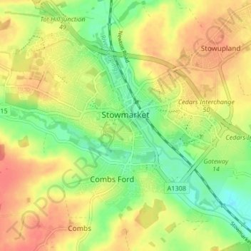 Stowmarket topographic map, elevation, terrain