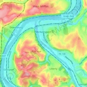 McKeesport topographic map, elevation, terrain