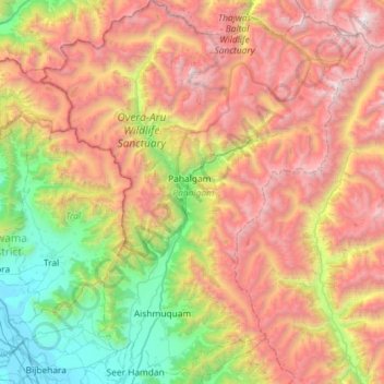 Pahalgam topographic map, elevation, terrain