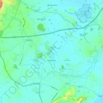 Eldersfield topographic map, elevation, terrain