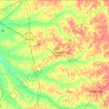 Weakley County topographic map, elevation, terrain