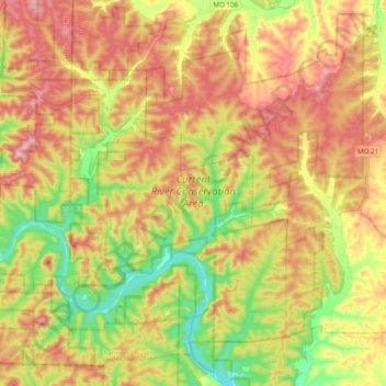 Current River Conservation Area topographic map, elevation, terrain