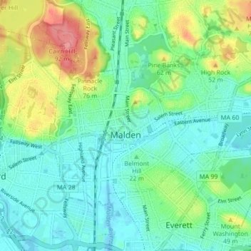 Malden topographic map, elevation, terrain