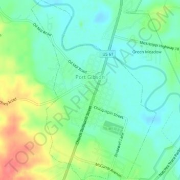 Port Gibson topographic map, elevation, terrain