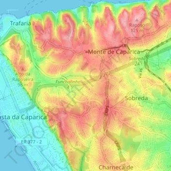 Caparica topographic map, elevation, terrain
