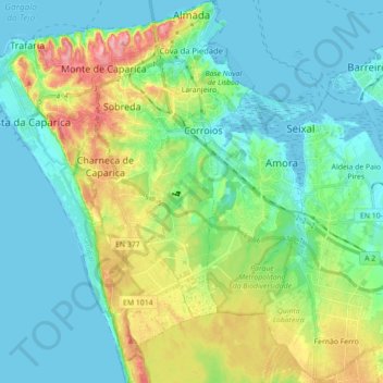 Almada topographic map, elevation, terrain