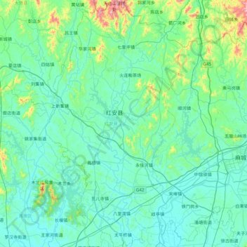 红安县 topographic map, elevation, terrain