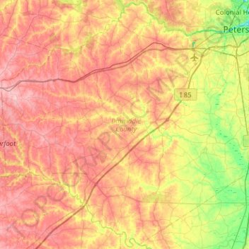 Dinwiddie County topographic map, elevation, terrain