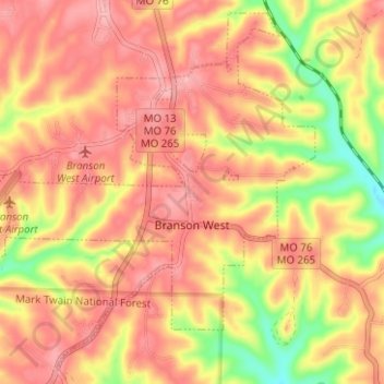 Branson West topographic map, elevation, terrain