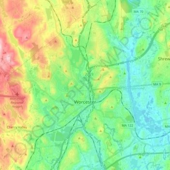 Worcester topographic map, elevation, terrain