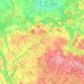 Świdwin County topographic map, elevation, terrain
