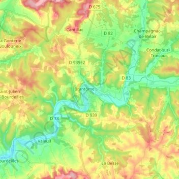 Brantôme en Périgord topographic map, elevation, terrain