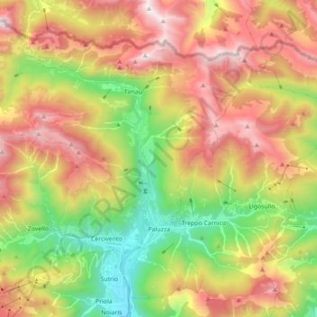 Paluzza topographic map, elevation, terrain