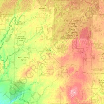 Price County topographic map, elevation, terrain