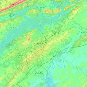 Hamblen County topographic map, elevation, terrain