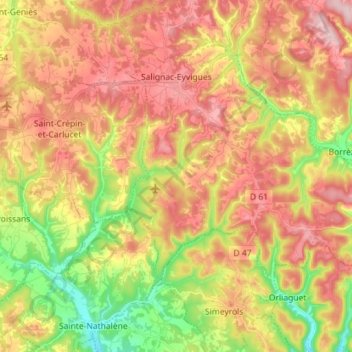 Salignac-Eyvigues topographic map, elevation, terrain