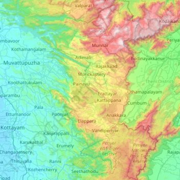 Idukki District topographic map, elevation, terrain