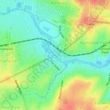 Canterbury topographic map, elevation, terrain