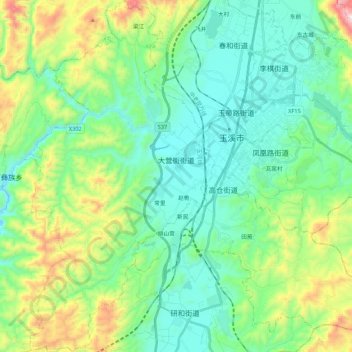 大营街街道 topographic map, elevation, terrain