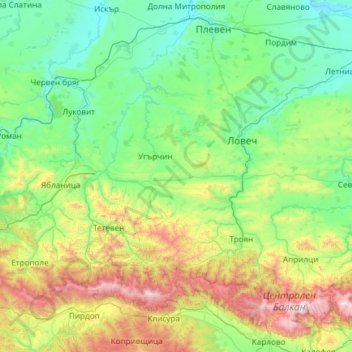 Lovech topographic map, elevation, terrain