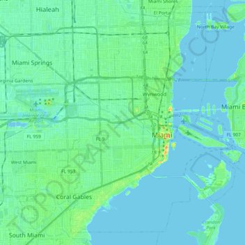 Miami topographic map, elevation, terrain