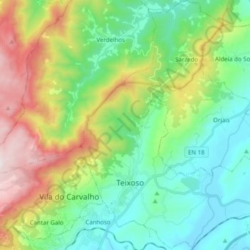Teixoso e Sarzedo topographic map, elevation, terrain
