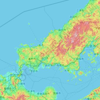 Prefectura de Yamaguchi topographic map, elevation, terrain
