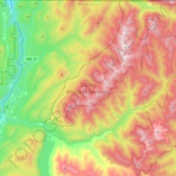 Salmo-Priest Wilderness topographic map, elevation, terrain