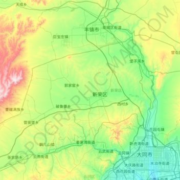 新荣区 topographic map, elevation, terrain
