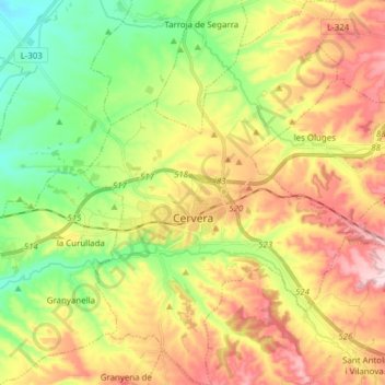 Cervera topographic map, elevation, terrain